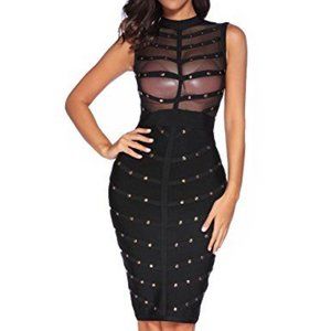 Meilun black shear mesh dress with studs  Mesh Rivets Studded